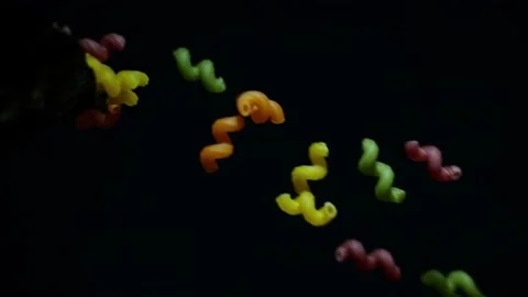 Multi-colored pasta fall a black background 库存影片 232850624