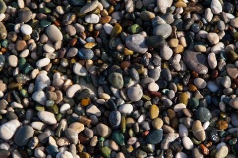 Multi-colored pebbles on the beach, washed by waves Stock Photos