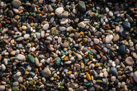 Multi-colored pebbles on the beach, washed by waves Stock Photos