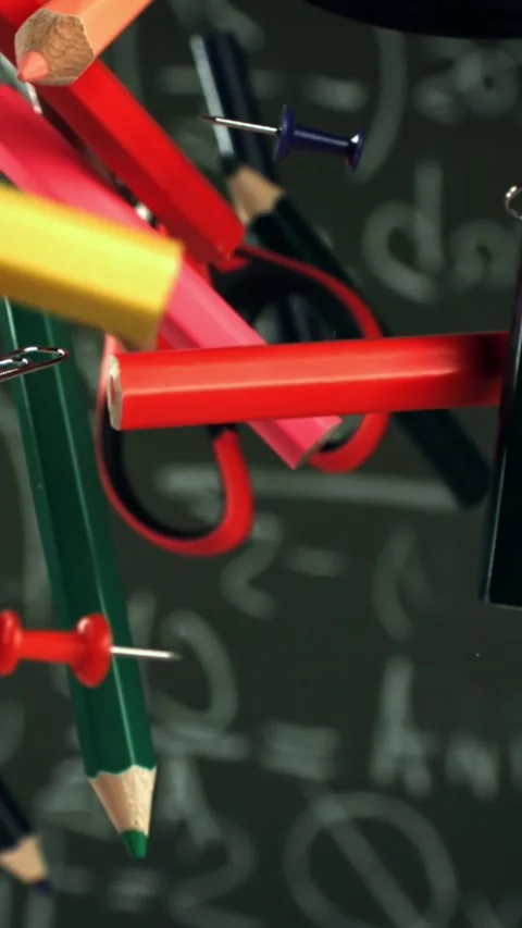 Multi-colored pencils flying against the background of a blackboard. Filmed on a Stock Footage 335366579