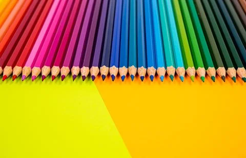 Multi-colored pencils on multi-colored background, Close up, copy space, Mo.. Stock Photos