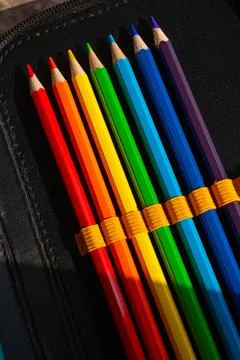 Multi-colored pencils in a schoolboy's pencil case Stock Photos