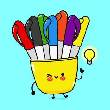 Multi-colored pens bingo character. Vector hand drawn cartoon kawaii charac.. Stock Illustration