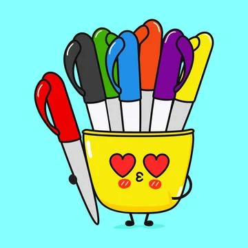 Multi-colored pens in love character. Vector hand drawn cartoon kawaii char.. Stock Illustration