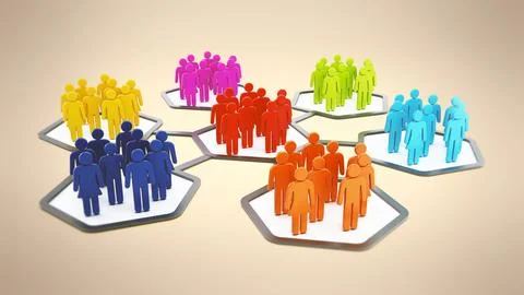 Multi-colored people in hexagonal shapes attached to each other. 3D illustr.. Stock Illustration