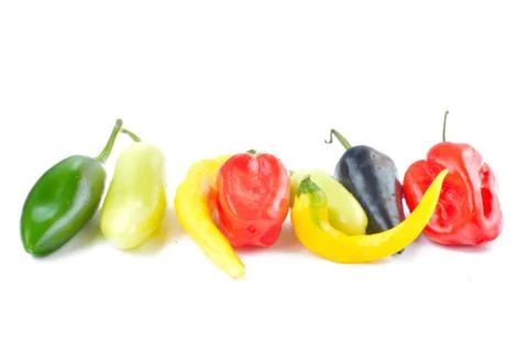 Multi-colored peppers on a white background Stock Photos