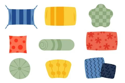 Multi colored pillow flat cartoon set. Home interior textile. 스톡 일러스트