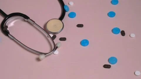 Multi-colored pills fall on a light pink background. On a pink background pills Stock Photos