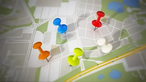 Multi-colored pins on navigation map. 3D illustration 스톡 일러스트