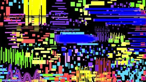 Multi-colored pixels and interference on a black background. Glitch effect. 스톡 일러스트