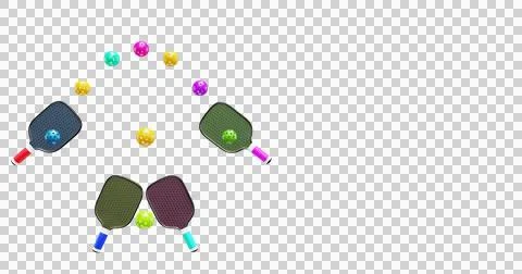 Multi-colored plastic balls and pickleball paddles on a transparent background. Illustrazione stock