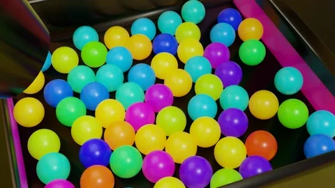 Multi-colored plastic balls fall into and out of the box. abstract animation. 3d Stock Footage 253873902