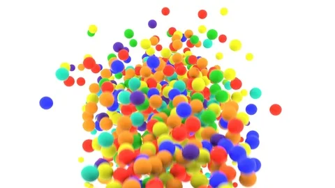 Multi-colored plastic balls falling in front of camera in slow motion 動画素材 107626886