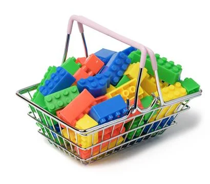 Multi-colored plastic cubes of a children's designer on a white isolated ba.. 스톡 사진