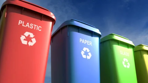 Multi-colored plastic garbage bins with waste type labels and recycle logos loop Video stock 115280534