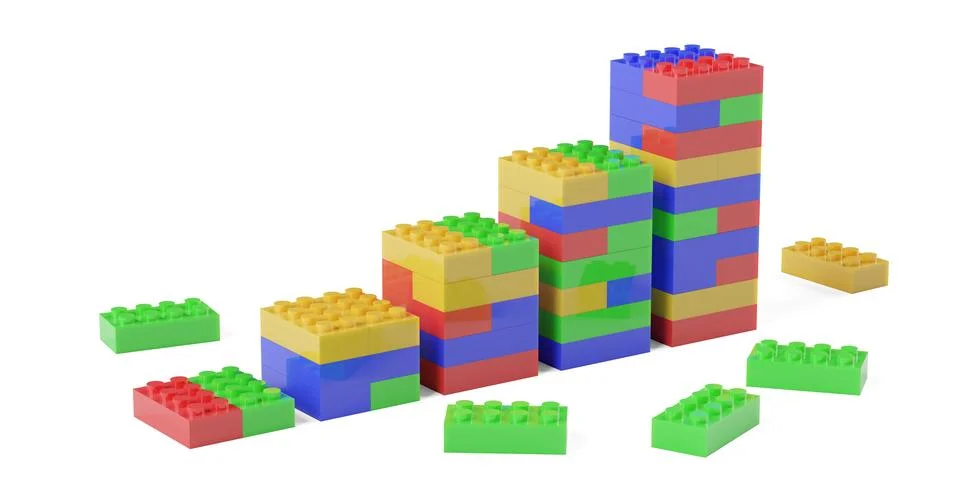 Multi-colored plastic toy bricks rising bar graph with single bricks scatte.. Ilustración de archivo