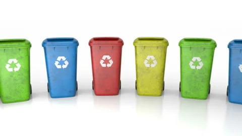 Multi-colored plastic waste bins stacked in circle around camera Stock Footage 115692837