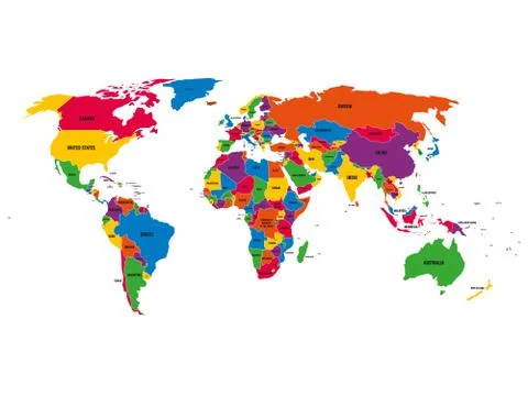 Multi-colored political vector map of World with national borders and country Stock Illustration