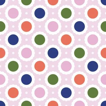 Multi-Colored Polka Dots with Cream Scalloped Border Seamless Pattern Stock Illustration