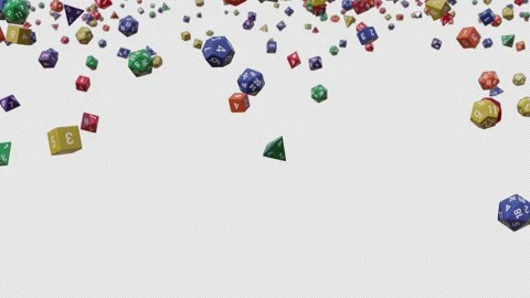 Multi-colored polyhedron dice falling slowly across screen, with alpha channel Video stock 158403433