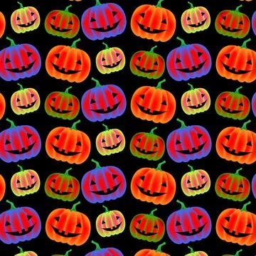 Multi-colored pumpkins on a black background. Halloween pattern. Stock Illustration
