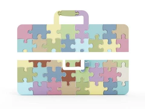 Multi colored puzzle pieces forming briefcase icon. 3D illustration Stock Illustration