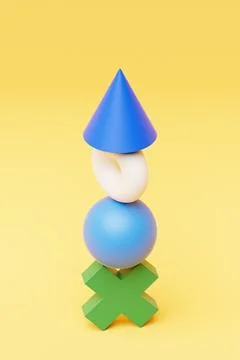 Multi-colored pyramid of various balancing figures, 3D rendering Stock Photos