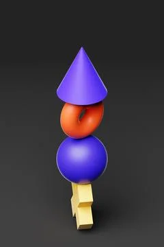 Multi-colored pyramid of various balancing figures, 3D rendering Stock Photos
