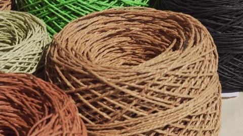 Multi-colored raffia balls ready for knitting. Video stock 290005713