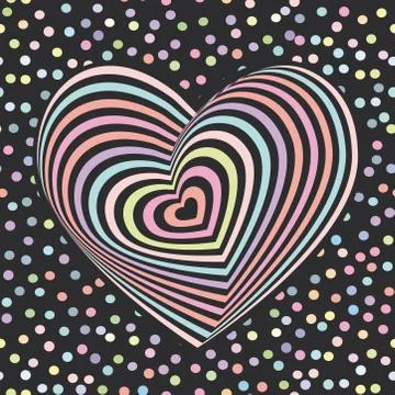 Multi-colored rainbow heart on black background. Optical illusion of 3D three Stock Illustration