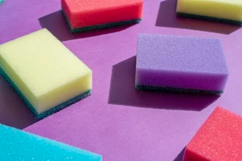 Multi-colored rectangular sponges for washing dishes 写真素材
