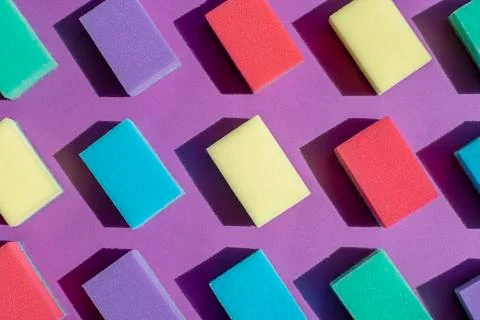 Multi-colored rectangular sponges for washing dishes. Flat lay Stock Photos