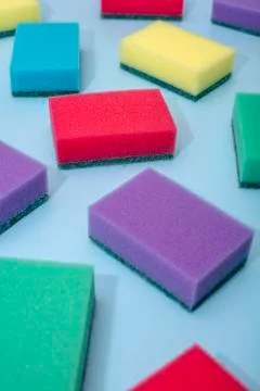 Multi-colored rectangular sponges for washing dishes Stock Photos