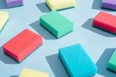 Multi-colored rectangular sponges for washing dishes Stock Photos