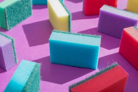 Multi-colored rectangular sponges for washing dishes Stock Photos