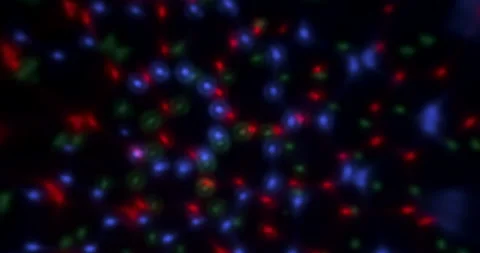 Multi-colored round laser beams are rotating. Beautiful rainbow bokeh background Stock Footage 166083651