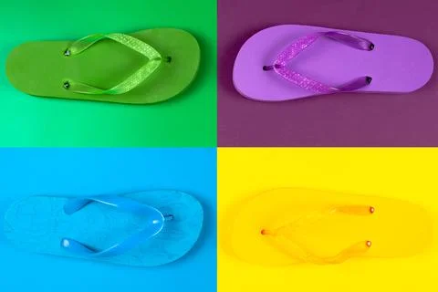 Multi-colored rubber flip flops on multicolored backgrounds, view from above Stock Photos