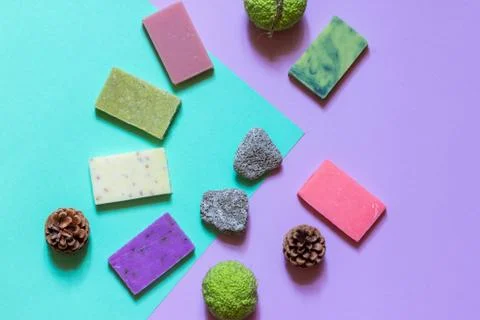 Multi-colored scrub soap made of natural ingredients on a bright background. Top Stock Photos