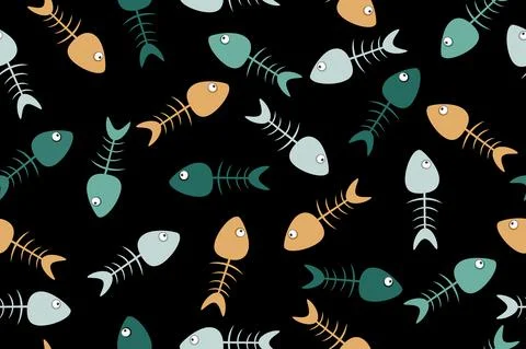 Multi colored seamless pattern with fish skeletons on black background. Stock Illustration