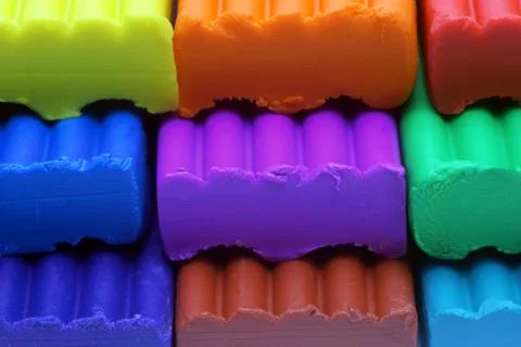 Multi-colored set of plasticine sticks closeup view. Bright polymer plastic 스톡 사진