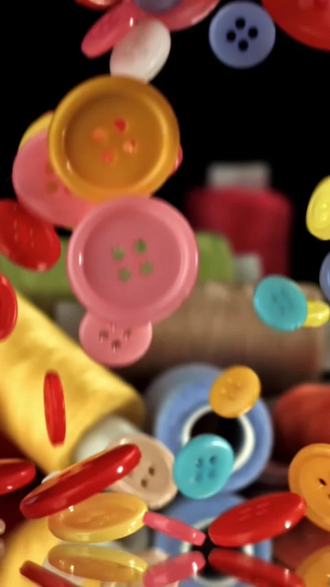Multi-colored sewing buttons fall on the table. Filmed on a high-speed camera at Stock Footage 335365604