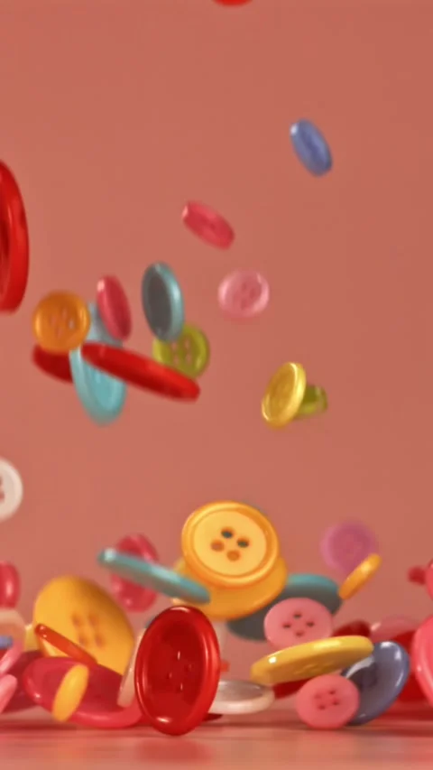 Multi-colored sewing buttons fall on a red table. Filmed on a high-speed camera Stock Footage 335372469