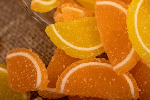 Multi-colored shaped marmalade lemon slices, close-up, selective focus. Stock Photos