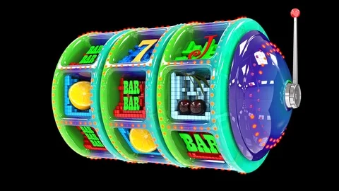 Multi-colored slot machine hitting a 777 jackpot and exploding golden coins Video stock 124449820