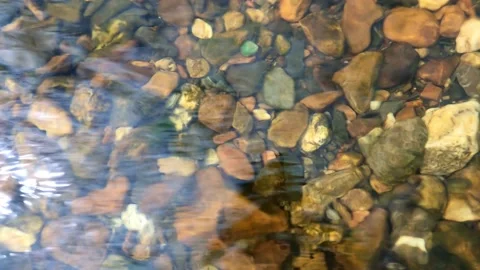 Multi-colored small stones at the bottom of a transparent river with a fast Stock Footage 157924950
