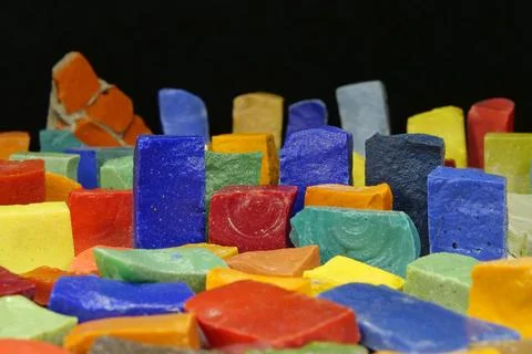 Multi-colored smalt from old Soviet mosaics. Smalt is colored, opaque, dull.. Stockfoto's