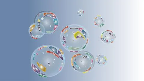 Multi-colored soap bubbles on blue background Stock Illustration