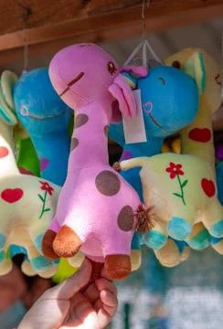 Multi-colored soft toy giraffe hang  the souvenir counter.  The pink one is i Stock Photos