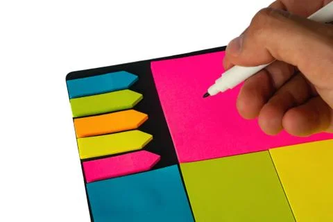 Multi-colored stickers for notes of different sizes and shapes with a marker. Foto stock