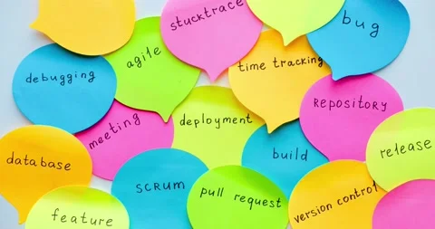 Multi-colored stickers with terms from the IT field Stock Footage 179577051